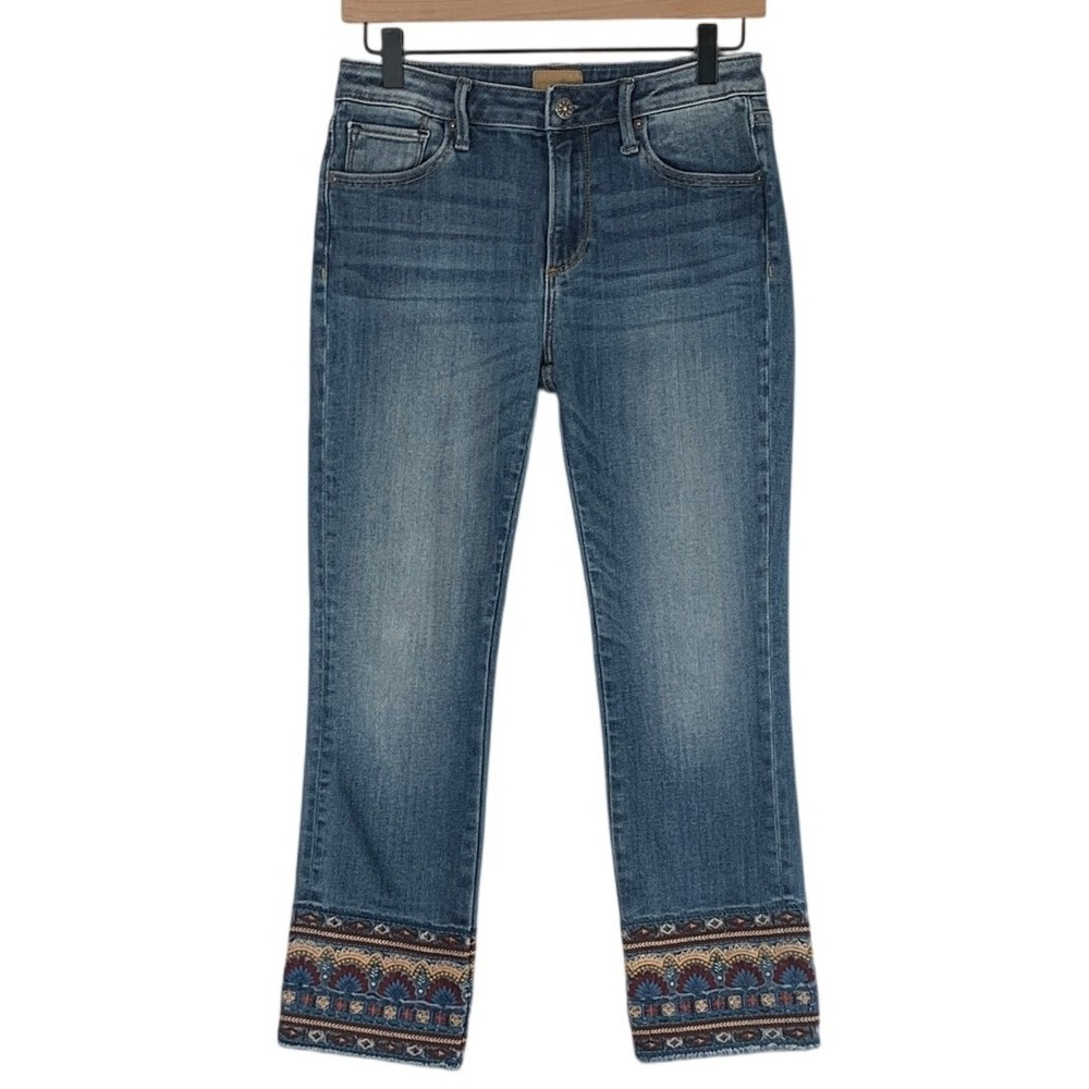 DRIFTWOOD Colette Embroidered Hem Straight Leg Jeans Sz 27 Medium Wash Boho